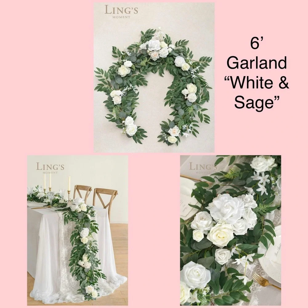 Ling's Moment 6' Head Table Garland in 'White & Sage'. This is brand new!